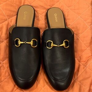 Quince Black Leather Mules with Gold Accents